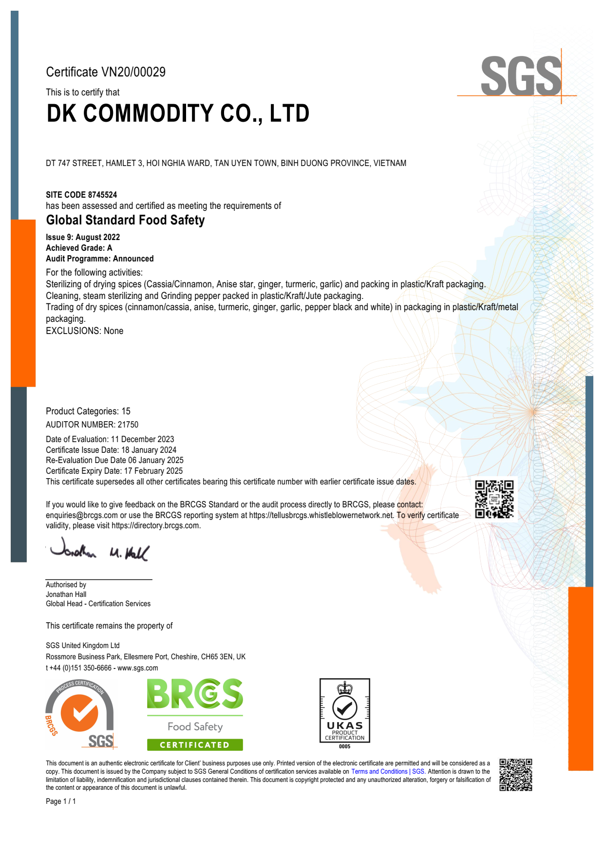 BRC : Food safety follow global standards of BRC.